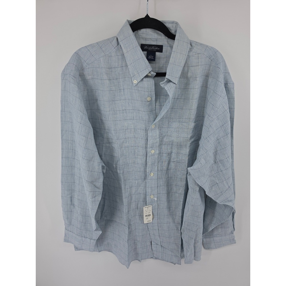 Brooks Brothers Irish Linen Shirt Mens XL Blue Plaid Long Sleeve Button Down NEW